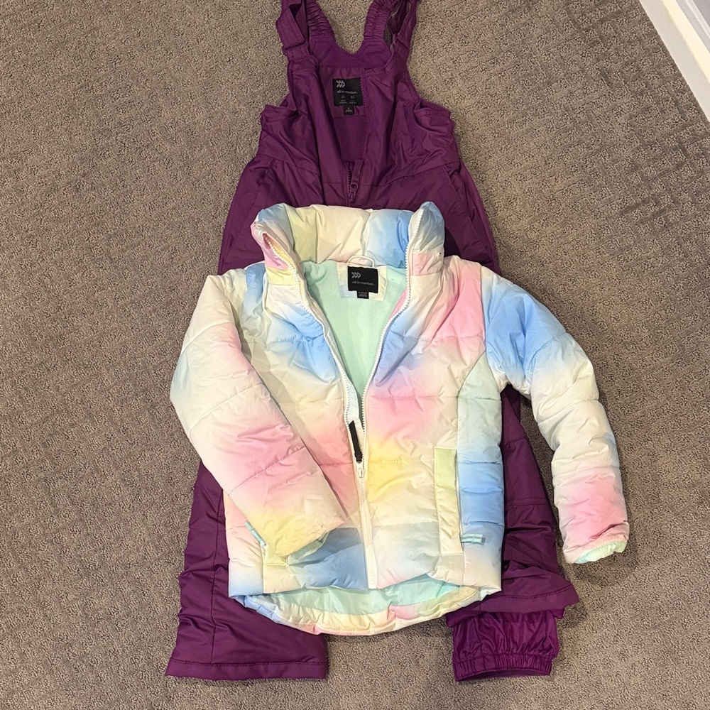 Colorful Puffer Jacket and Purple Snowsuit Set